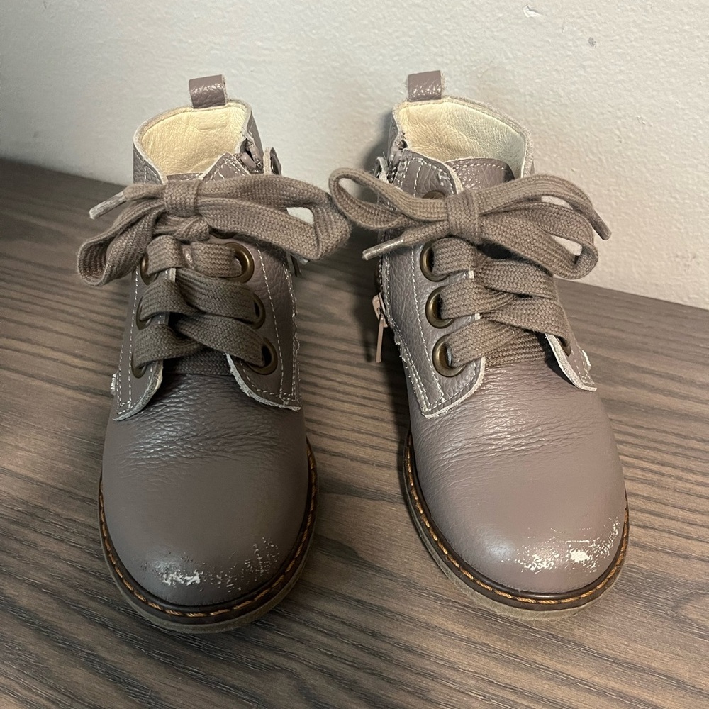 Gray Leather Boots with Moccasin Toe and Lace Detail